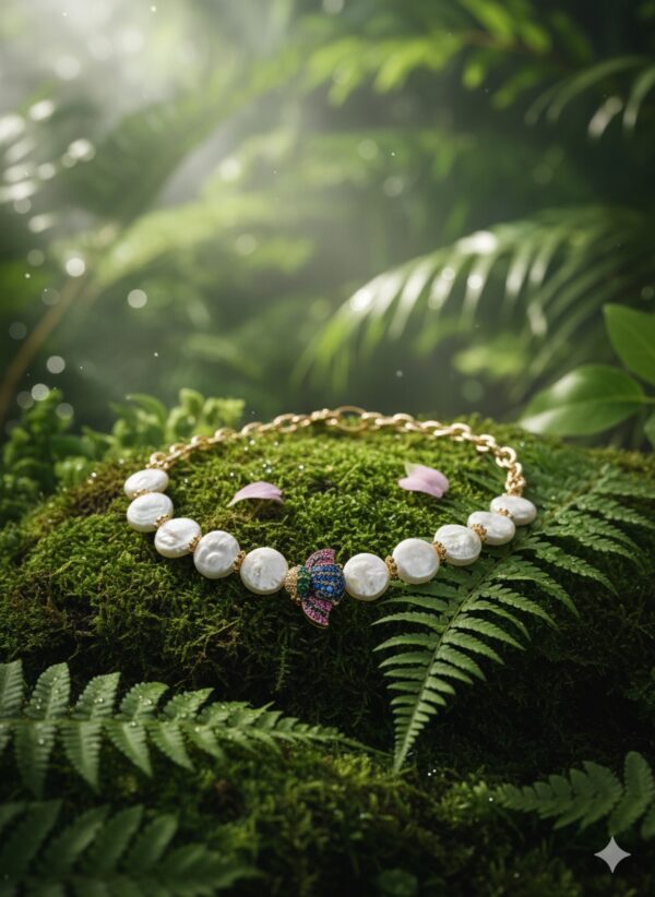 Collar Asimétrico de Perlas Planas y Cadena Dorada con Broche de Insecto Pavé