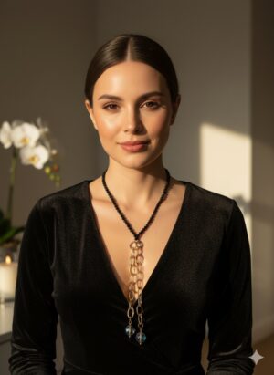 IMG_1979 Collar Largo "Cascada Aurora" - Cuentas Cristales Negros y Colgante de Cadenas Doradas