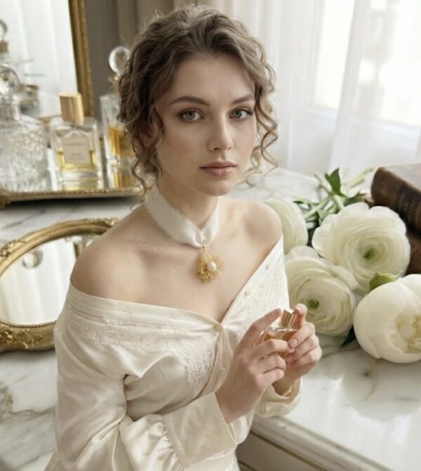 Gargantilla de Lujo con Perla y Cinta de Seda, con Flor Tejida a Mano