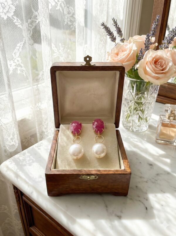 Aretes "Glamour Vintage", Pendientes Gota de Rubí con Perla Redonda de Lujo