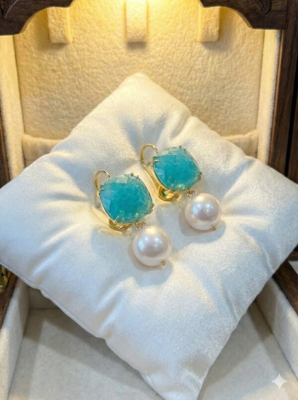 Aretes "Glamour Marino", Pendientes de Gema Turquesa y Perla Clásica