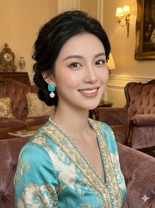 Aretes "Glamour Marino", Pendientes de Gema Turquesa y Perla Clásica