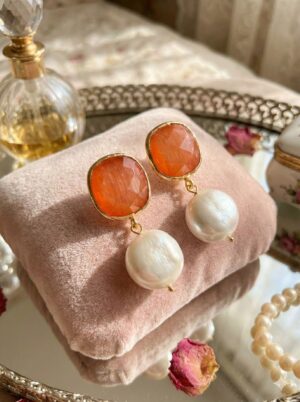 Atardecer Barroco - Ágata Naranja y Perlas Colgantes