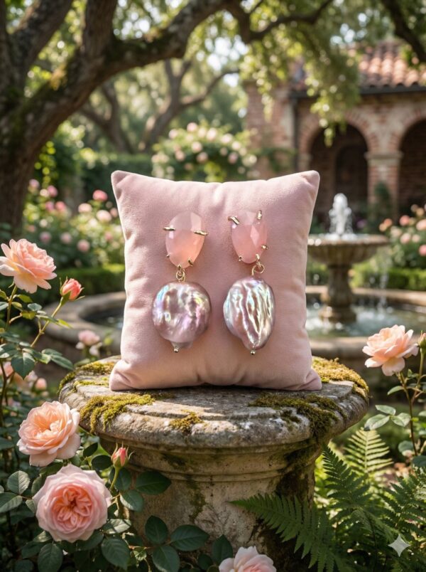 Pendientes "Diosa Barroca" - Cuarzo Rosa y Perlas Keshi Gigantes