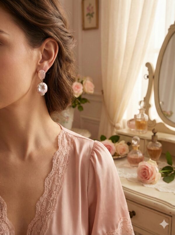 Pendientes "Diosa Barroca" - Cuarzo Rosa y Perlas Keshi Gigantes