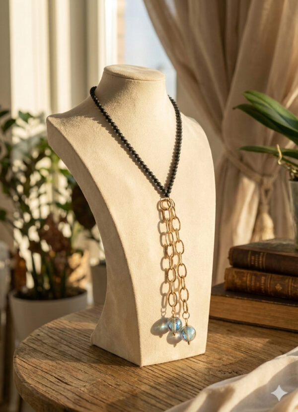 Collar Largo "Cascada Aurora" - Cuentas Cristales Negros y Colgante de Cadenas Doradas