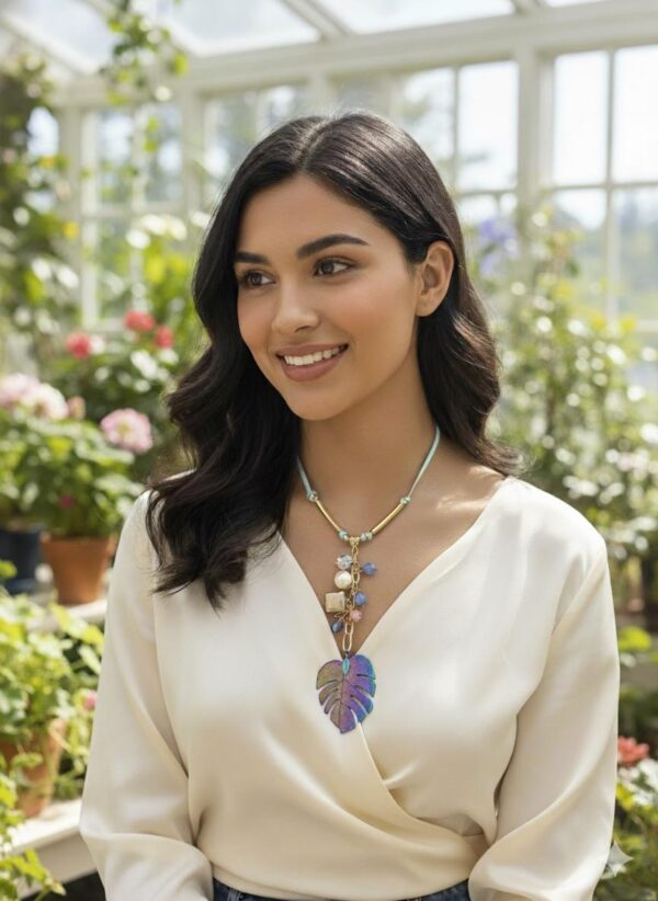 Dije Hoja Metálica y Racimo de Cristales