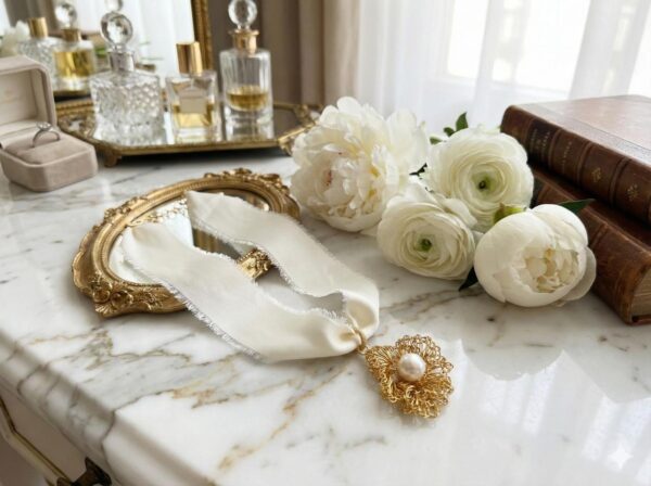 Gargantilla de Lujo con Perla y Cinta de Seda, con Flor Tejida a Mano