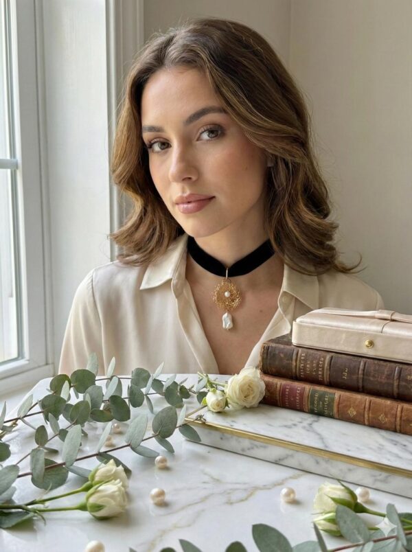 Gargantilla de Terciopelo con Nido Dorado y Perla Keshi