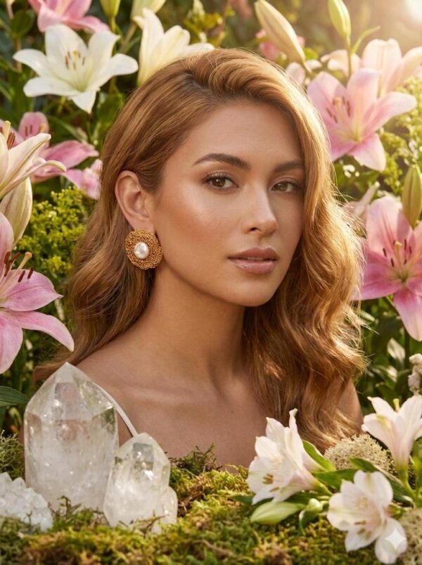 Pendientes de Botón con Perla Irregular y Tejido de Chapa de Oro