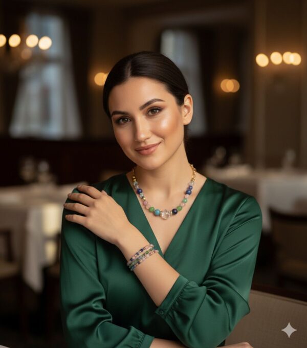 collar014b Collar Asimétrico de Gemas Multicolor, Perlas y Ojo Turco