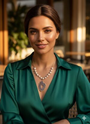 Collar de Perlas Clásicas con Dije de Ágata Natural en Borde Dorado