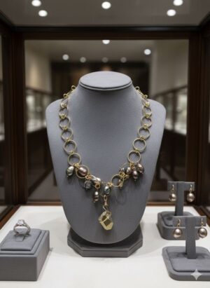 Maxicollar de Argollas Doradas, Perlas Barrocas y Dije de Citrino