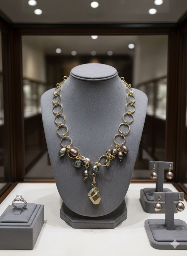 Maxicollar de Argollas Doradas, Perlas Barrocas y Dije de Citrino