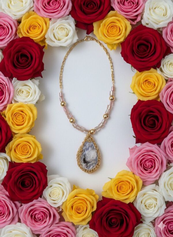 Collar de Piedra Natural Azul  en Malla Dorada y Concha Rosa