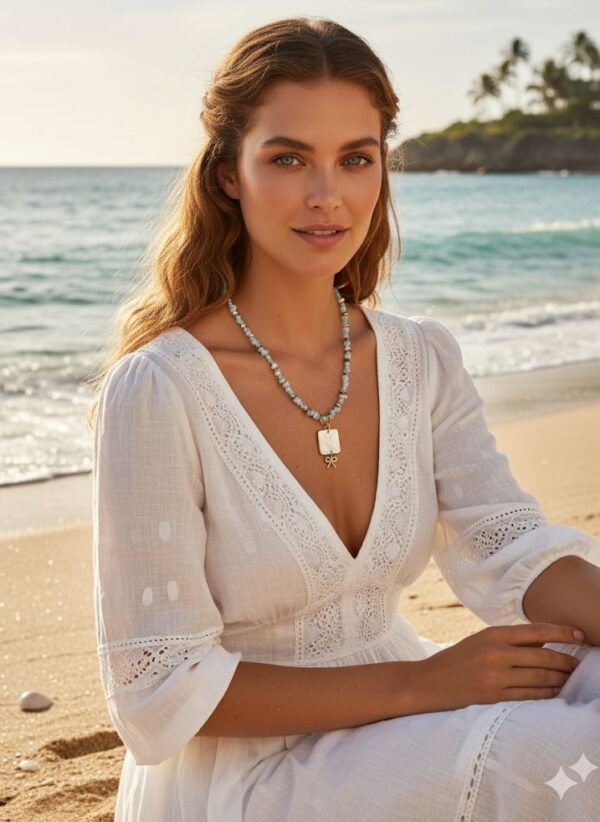 Collar de Chips de Piedra Azul Pálido con Dije de Nácar