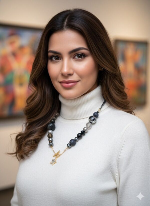 Collar Asimétrico de Cuentas Mixtas Grises y Negras con Dije Dorado Estilizado