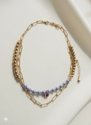 Collar Multi-capa de Cadenas Mixtas, Cuentas Doradas y Azules