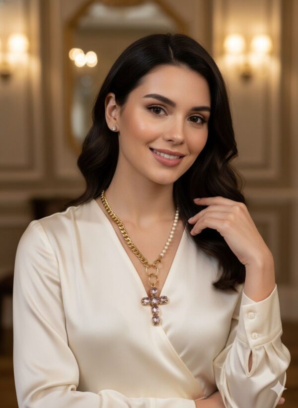 collar074 Collar Asimétrico de Perlas, Cadena y Maxicruz Rosada