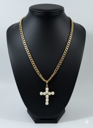 Collar de Cadena Gruesa Dorada Tipo Cubana con Dije de Cruz de Perlas