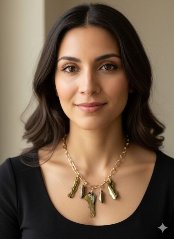 Collar de Eslabones Dorados "Paperclip" con Dijes Orgánicos de Concha Iridiscente