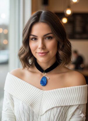 Gargantilla (Choker) de Terciopelo Negro con Dije de Piedra Azul Texturizada y Punta de Cuarzo