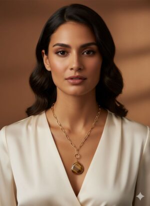 Collar de Eslabones Dorados Texturizados con Dije de Gema Ojo de Tigre