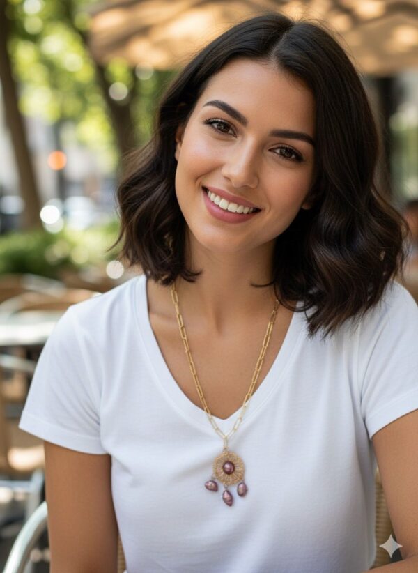 Collar de Eslabones Dorados Texturizados con Dije de Filigrana y Perlas Rosas Colgantes