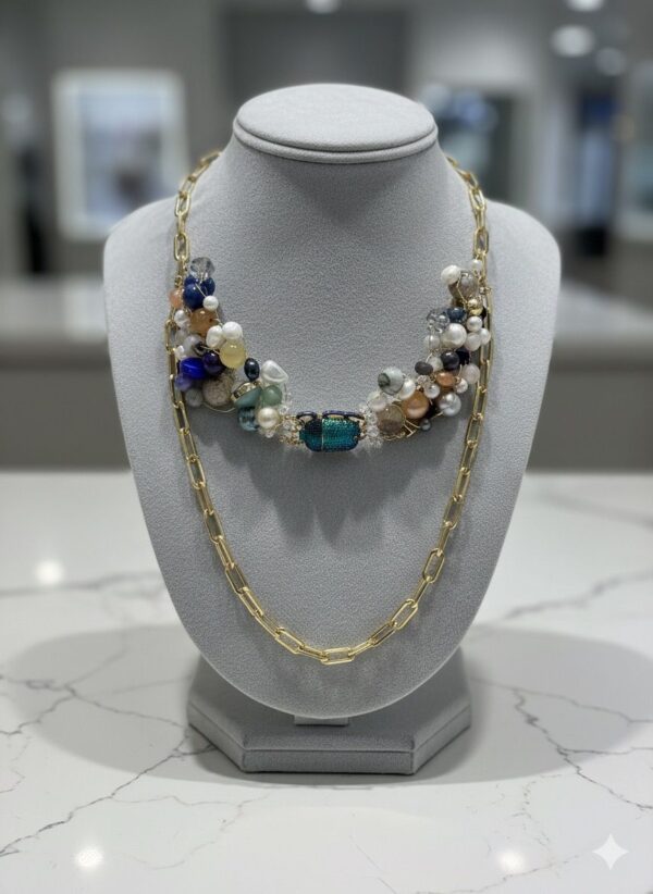 Collar Asimétrico de Eslabones Dorados con Pechera de Piedras Mixtas y Dije de Escarabajo