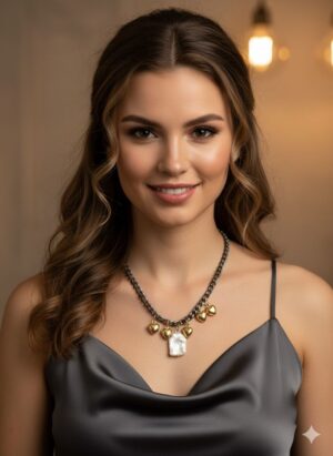 Collar de Cadena Oscura con Dije de Perla Barroca Plana y Corazones Dorados