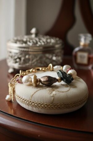 Pulsera Asimétrica de Perlas, Piedras Orgánicas y Eslabones Dorados.