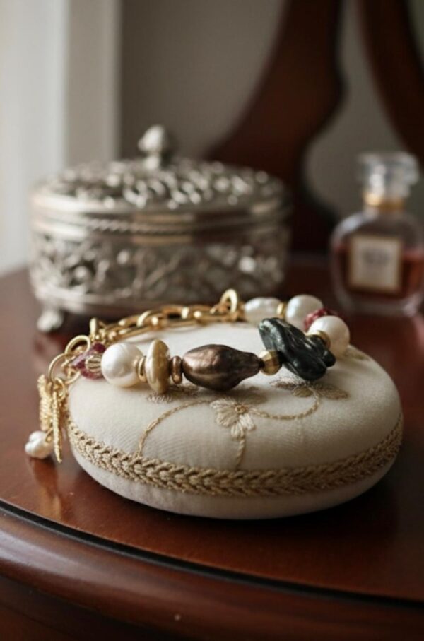 Pulsera Asimétrica de Perlas, Piedras Orgánicas y Eslabones Dorados.