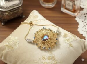 Pulsera de Filigrana Dorada con Cristal Iridiscente y Detalles Pavé