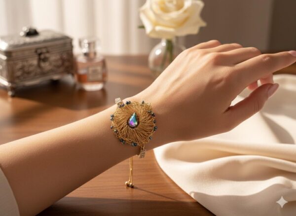 Pulsera de Filigrana Dorada con Cristal Iridiscente y Detalles Pavé