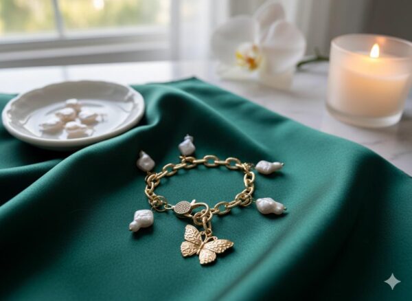 Pulsera de Eslabones Dorados con Dije de Mariposa y Perlas Barrocas Colgantes