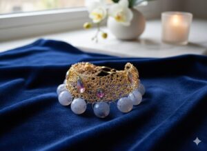 Brazalete Ancho de Malla Dorada Tejida con Cristales Iridiscentes y Cuentas Colgantes Azules