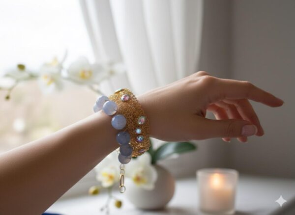 Brazalete Ancho de Malla Dorada Tejida con Cristales Iridiscentes y Cuentas Colgantes Azules