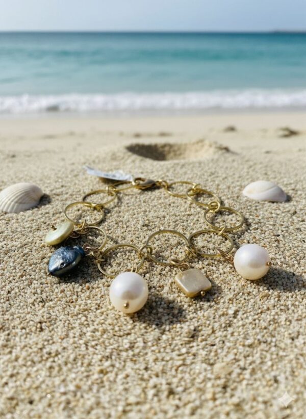 Pulsera de Eslabones Dorados Texturizados con Dijes de Perlas Barrocas y Concha Nácar