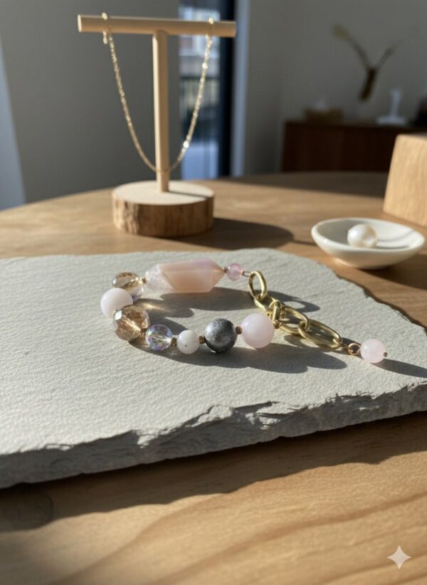 Pulsera Asimétrica de Cuarzo Rosa, Cristales Ahumados y Cadena Dorada