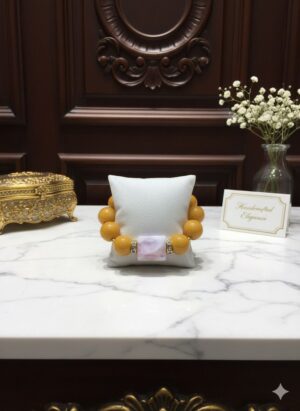 Pulsera Elástica de Cuentas Grandes Ocre y Piedra Rectangular Lavanda