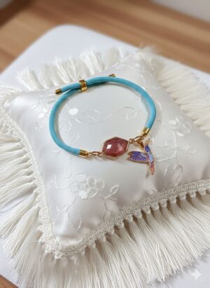 Pulsera Ajustable de Cordón Turquesa con Gema Rosa Jaspeada y Dije de Colibrí