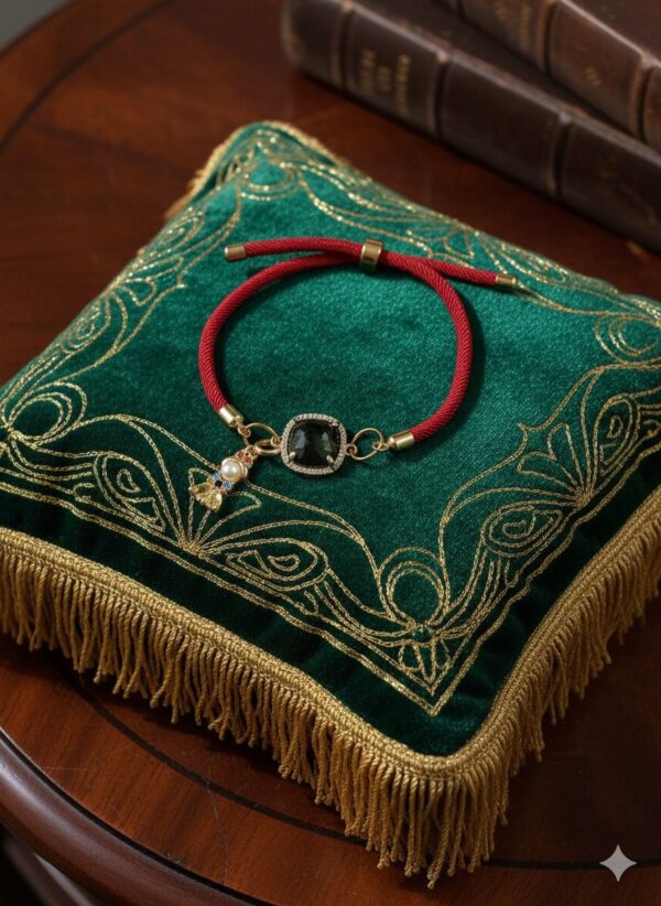 Pulsera Ajustable de Cordón Rojo con Gema Negra Facetada y Dije de Pez Dorado