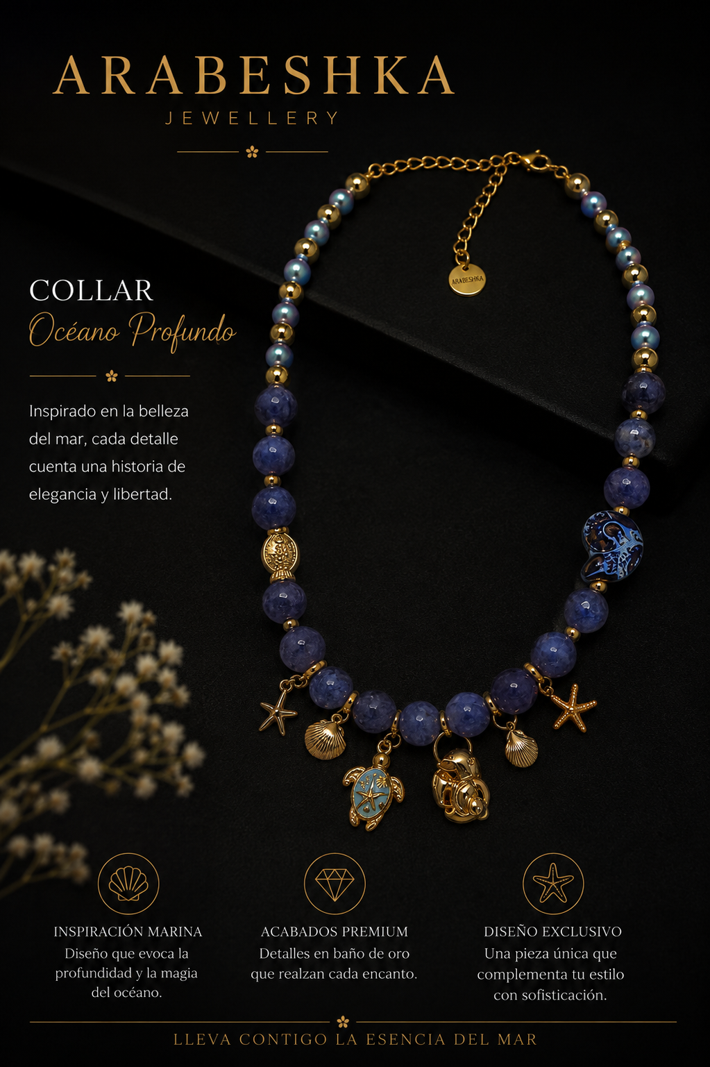COLLAR AZUL CON PIEDRAS NATURALES Y DIJES DEL MAR