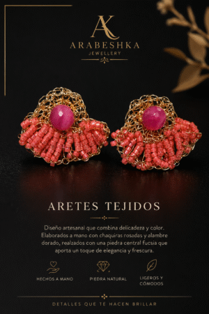 ARETES ROSAS TEJIDOS EN CHAPA DE ORO