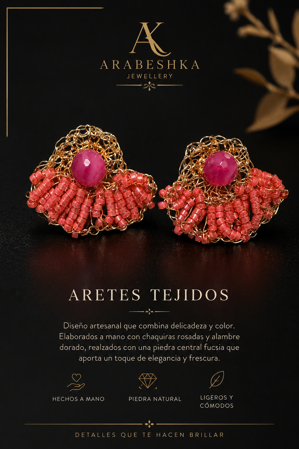 ARETES ROSAS TEJIDOS EN CHAPA DE ORO